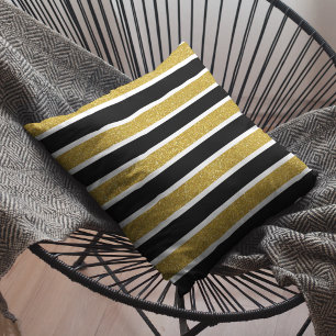 Faux Gold Glitter White en Black Stripes Kussen