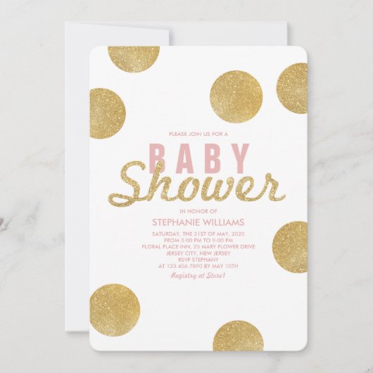 Faux Gold Glitter White Pink Baby shower Invite Kaart (Voorkant)