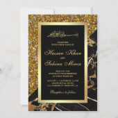 Faux Gold Glitter Zwart Goud Marmer Moslim Bruilof Kaart (Voorkant)