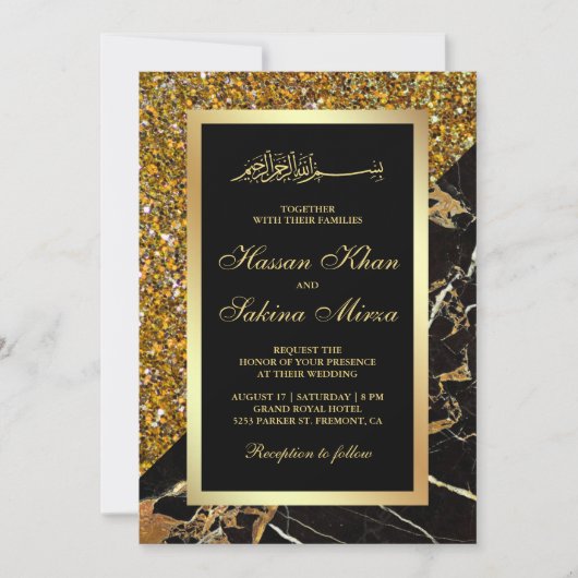 Faux Gold Glitter Zwart Goud Marmer Moslim Bruilof Kaart (Voorkant)