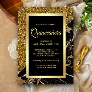 Faux Gold Glitter Zwart Goud Marmer Quinceanera Kaart