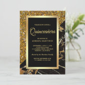 Faux Gold Glitter Zwart Goud Marmer Quinceanera Kaart (Staand voorkant)