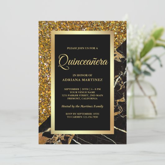 Faux Gold Glitter Zwart Goud Marmer Quinceanera Kaart (Staand voorkant)
