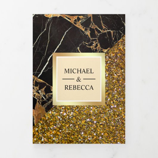 Faux Gold Glitter Zwart Marmer Alles in één bruilo Drieluik Uitnodiging (Cover)
