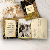 Faux Gold Glitter Zwart Marmer Alles in één bruilo Drieluik Uitnodiging