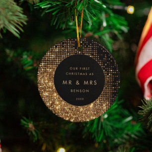 Faux Gold Glitter & Zwarte Pas getrouwd Kerstfoto Keramisch Ornament