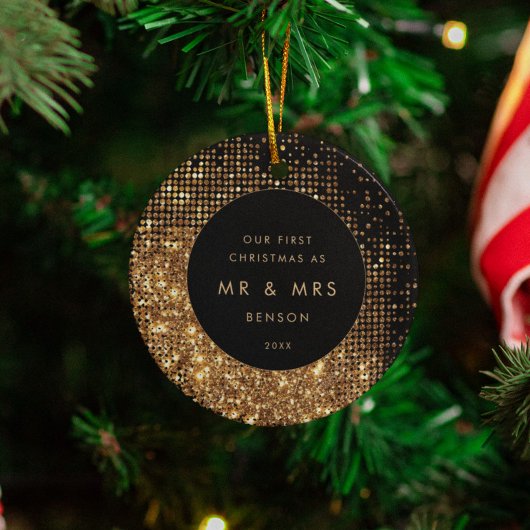Faux Gold Glitter & Zwarte Pas getrouwd Kerstfoto Keramisch Ornament
