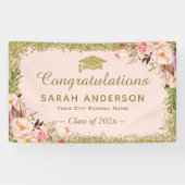 Faux Gold Glitters Blush Pink Floral Afstuderen Spandoek (Horizontaal)
