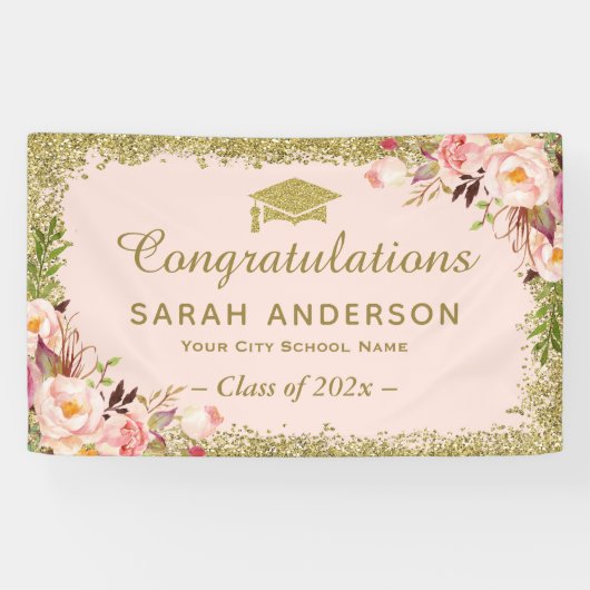 Faux Gold Glitters Blush Pink Floral Afstuderen Spandoek (Horizontaal)