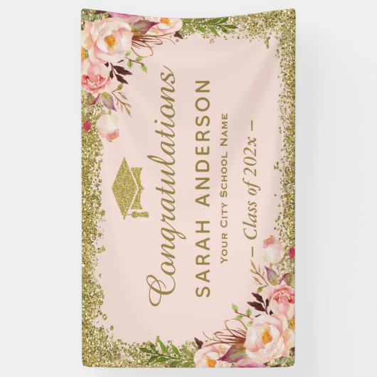 Faux Gold Glitters Blush Pink Floral Afstuderen Spandoek (Verticaal)