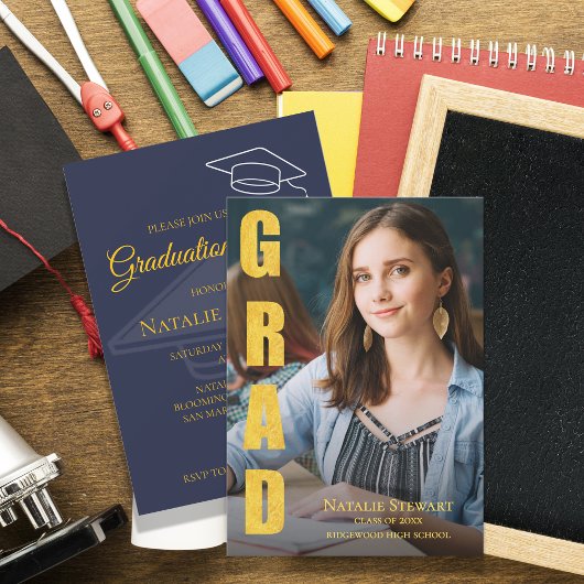Faux Gold GRAD Photo Class 2026 Graduation Party Kaart