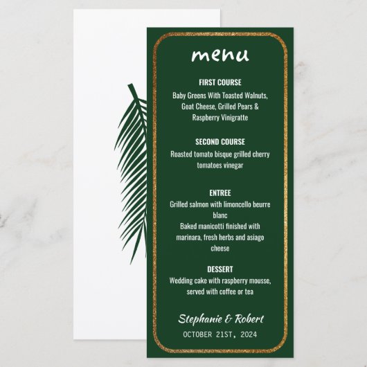 Faux Gold Green Modern Elegant Wedding Menu (Voorkant / Achterkant)