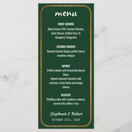 Faux Gold Green Modern Elegant Wedding Menu (Voorkant)