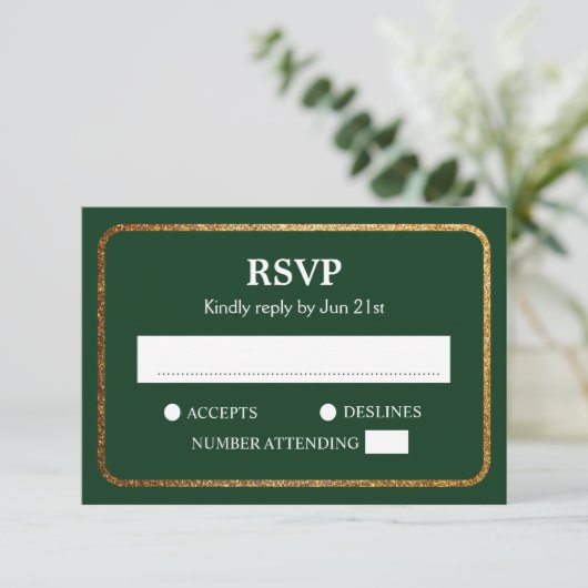 Faux Gold Green Modern Elegant Wedding RSVP Kaartje (Staand voorkant)