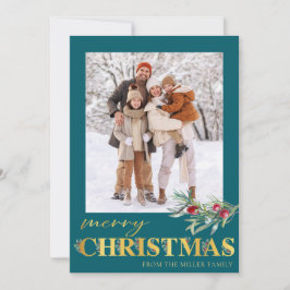 Faux Gold Green Vrolijk Kerstfeest Fotokaart Feestdagenkaart