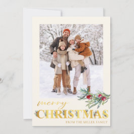 Faux Gold Green Vrolijk Kerstfeest Fotokaart Feestdagenkaart