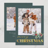 Faux Gold Green Vrolijk Kerstfeest Fotokaart Feestdagenkaart (Voorkant / Achterkant)