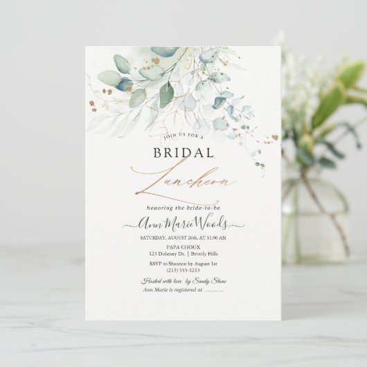 Faux Gold Green Waterverf Eucalyptus Luncheon Kaart (Staand voorkant)