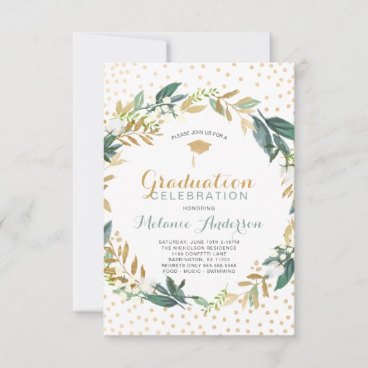 Faux Gold Greenery Krans + confetti Afstuderen Kaart (Voorkant)