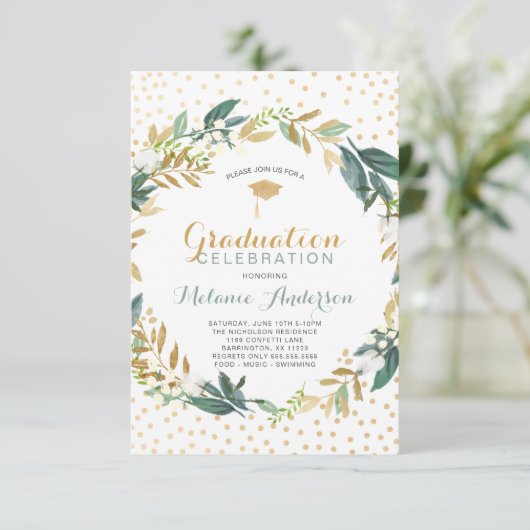 Faux Gold Greenery Krans + confetti Afstuderen Kaart (Staand voorkant)