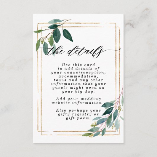 Faux Gold Greenery Wedding Informatie Kaart (Voorkant)