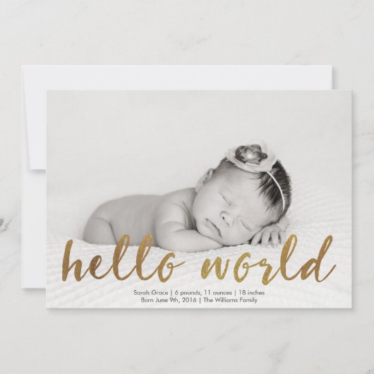 Faux Gold Hallo Wereldfoto geboorteaankondiging Aankondiging (Voorkant)
