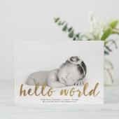 Faux Gold Hallo Wereldfoto geboorteaankondiging Aankondiging (Staand voorkant)