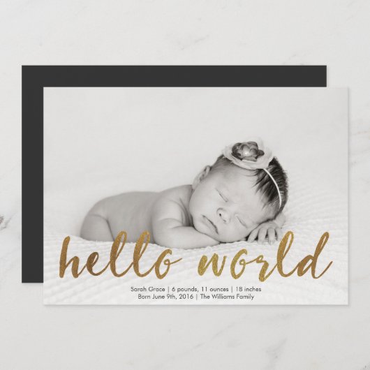 Faux Gold Hallo Wereldfoto geboorteaankondiging Aankondiging (Voorkant / Achterkant)