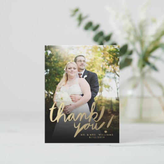 Faux Gold Hand Script Foto bedankt Briefkaart (Staand voorkant)