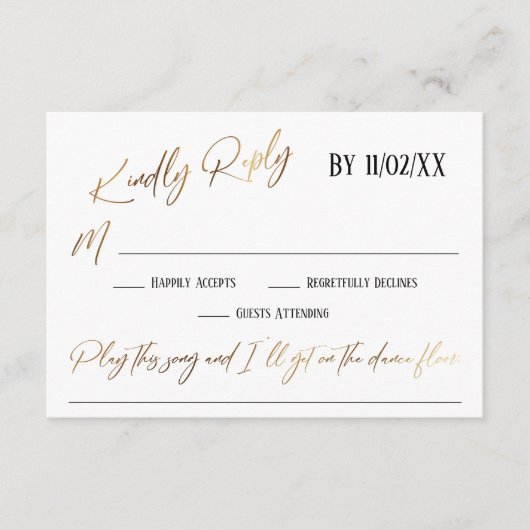 Faux Gold Handschrift Eenvoudig Songverzoek RSVP Informatiekaartje (Voorkant)