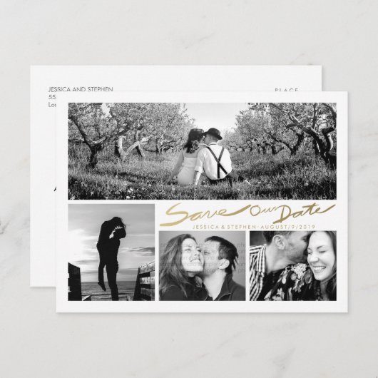 Faux Gold Handwrite bespaart ons Datum wit Briefka Aankondigingskaart (Voorkant / Achterkant)