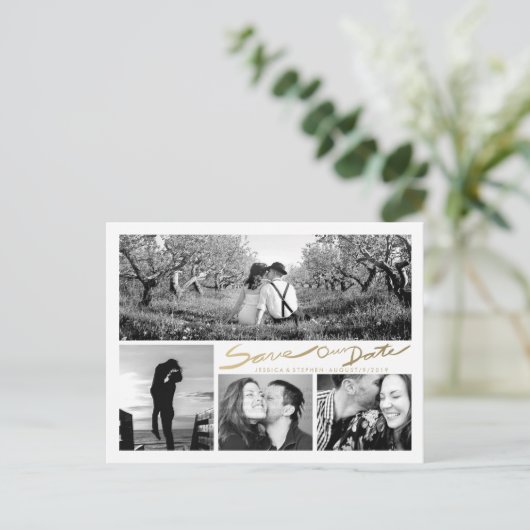 Faux Gold Handwrite bespaart ons Datum wit Briefka Aankondigingskaart (Staand voorkant)