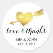 Faux Gold Heart Dank u Monogram bruiloft gunst Ronde Sticker (Voorkant)