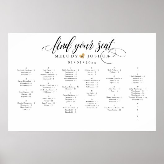 FAUX GOLD HEART SEATING CHART, ALFABETISCH POSTER (Voorkant)