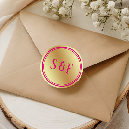 Faux Gold Hot Roze Bruiloft Monogram Envelop Seal Ronde Sticker