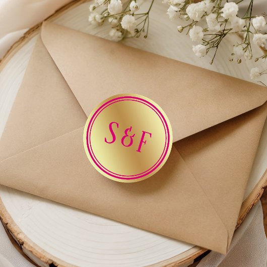 Faux Gold Hot Roze Bruiloft Monogram Envelop Seal Ronde Sticker