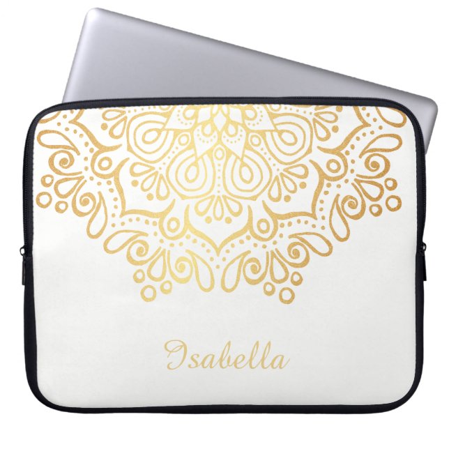 Faux Gold Intricate Lace Mandala White Laptop Sleeve (Voorkant)