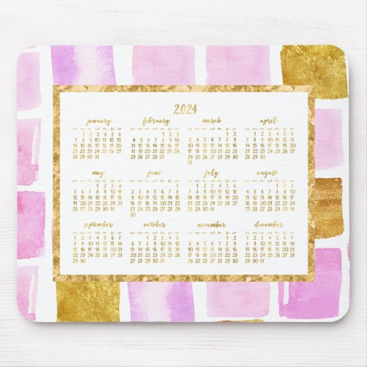 Faux Gold Jaarlijks 2024 Kalender Muismatten Roze (Voorkant)