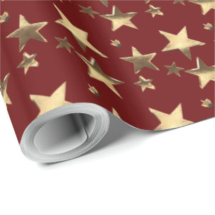 Faux Gold Kerststerren Pattern Burgundy Red Cadeaupapier