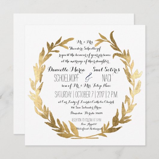 Faux Gold Laurel Wreath Olive Leaf Branch Square Kaart (Voorkant / Achterkant)