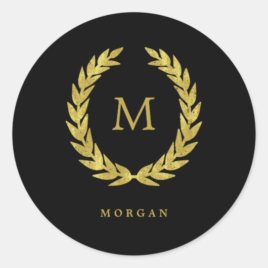 Faux Gold Laurel Wreath op Black met Monogram Ronde Sticker (Voorkant)