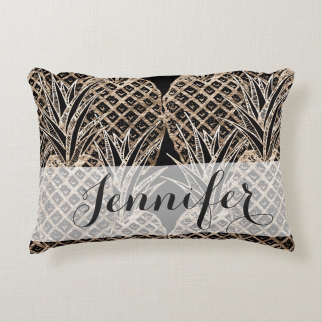 Faux Gold Leaf Pineapple Collage Monogram Accent Kussen (Voorkant)