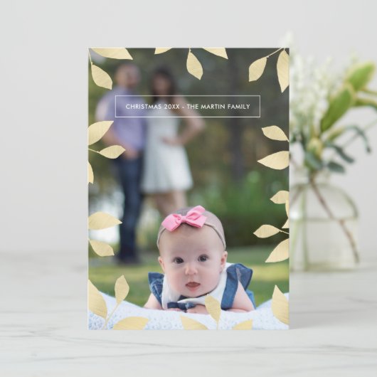  Faux Gold Leaves kerstfoto Feestdagenkaart (Staand voorkant)