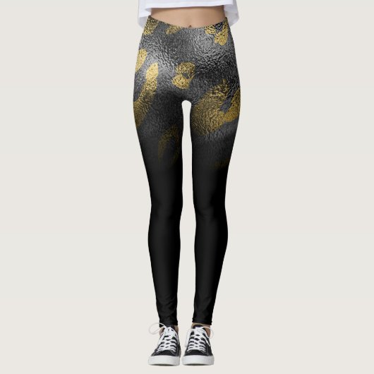 Faux Gold Leopard Cheetah Print glanzend zwart chi Leggings (Voorkant)