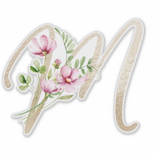 Faux Gold Letter "M" Waterverf Wilde bloemen Sticker (Voorkant)