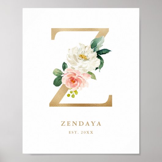Faux Gold Letter Z Monogram Blush Florals Nursery Poster (Voorkant)