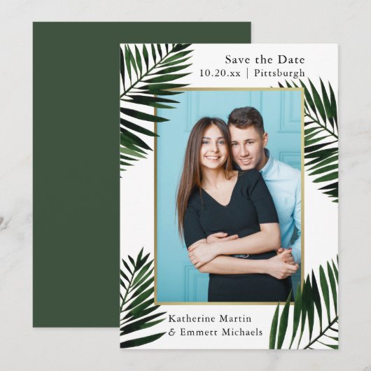 Faux Gold Lijst Green Wedding Save the Date Photo (Voorkant / Achterkant)