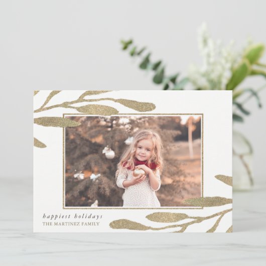 Faux Gold Lijst met botanische bladeren Foto Feestdagenkaart (Staand voorkant)