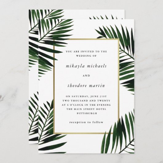 Faux Gold Lijst met Palm Wedding Invitation Kaart (Voorkant / Achterkant)
