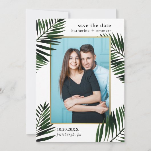 Faux Gold Lijst met palmbladeren Foto Save The Date (Voorkant)